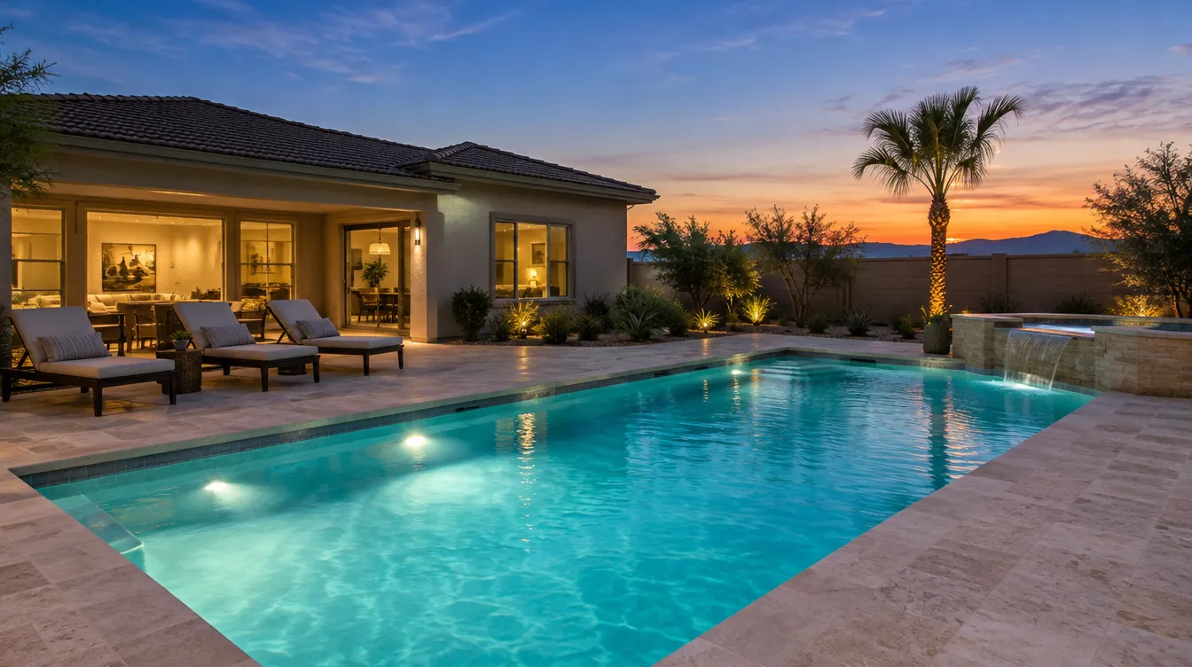 A lit backyard pool at dusk with a stone deck and lounge chairs
