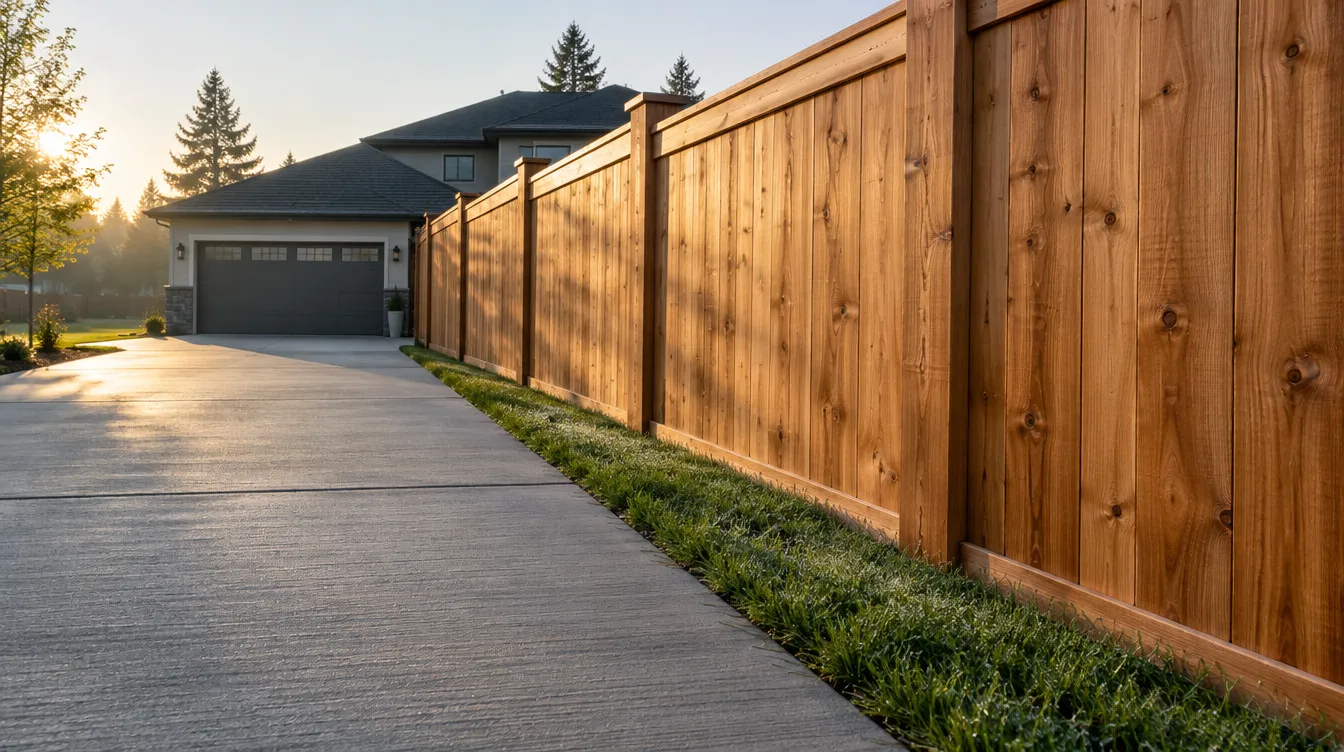 A new cedar privacy fence along a fresh concrete driveway in morning light
