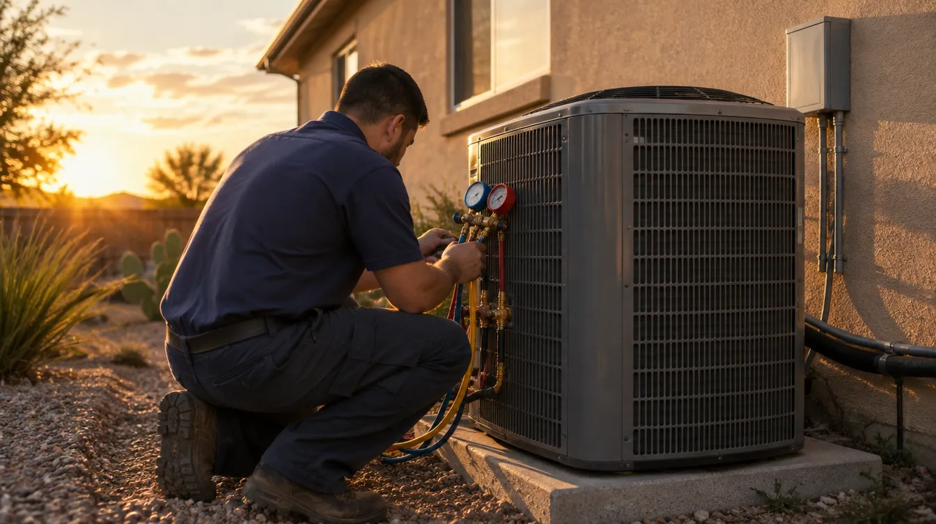 An A/C technician checking an outdoor condenser behind a stucco house at sunset