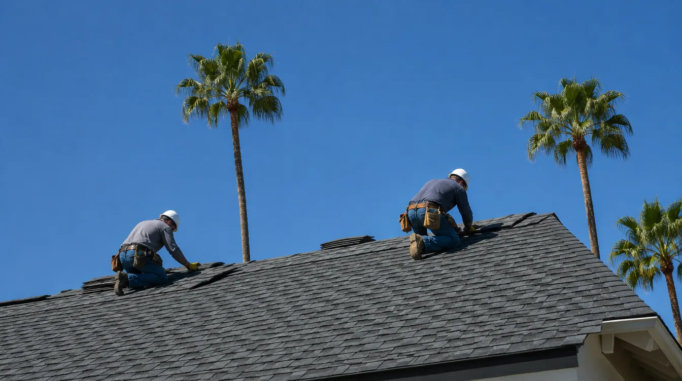 Two roofers laying new shingles on a pitched roof, palm trees behind